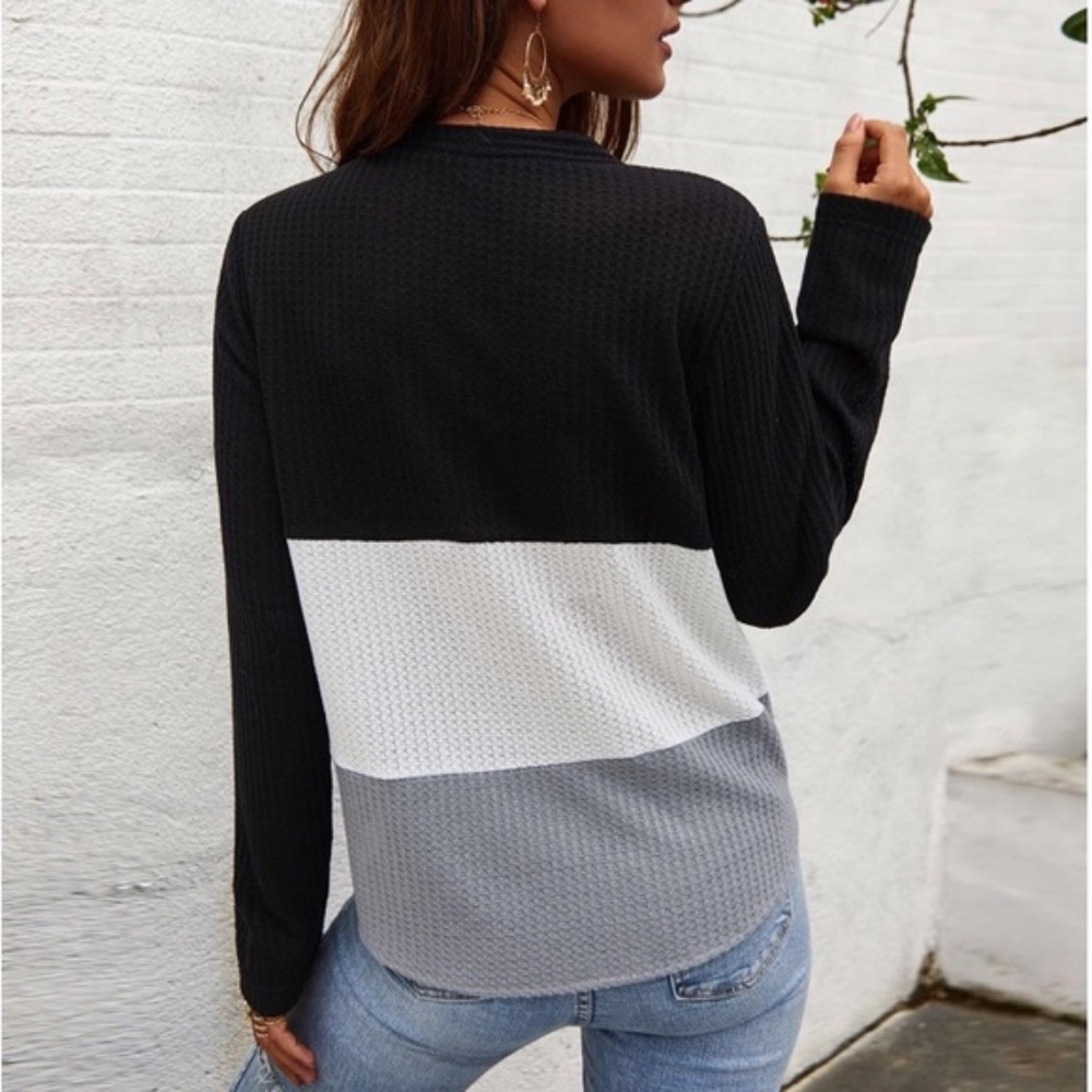 SOLD OUT CLEARANCE Black Waffle Knit Tie Front Long Sleeve Top - Picture 3 of 4